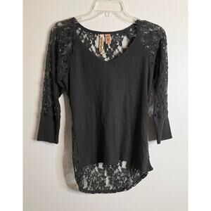 Eyeshadow Women's Knit & Lace 3/4 Sleeve Top Dark Gray Size M Sexy Romantic Goth